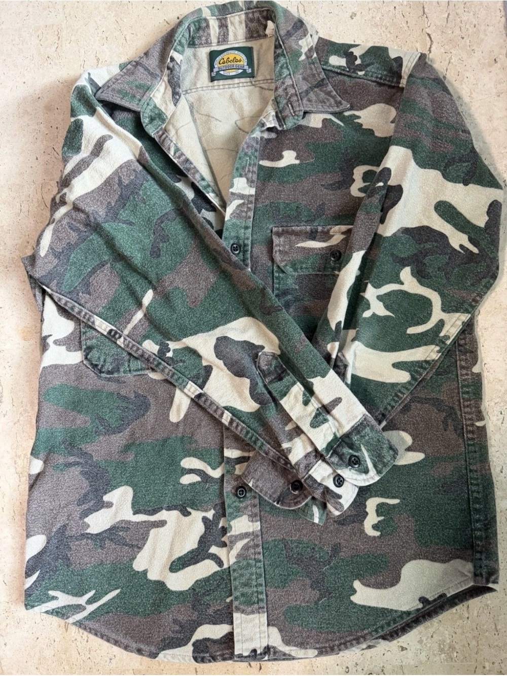 Vintage 90s Cabelas Green Woodland Camouflage 100% Cotton Flannel Shacket Med.